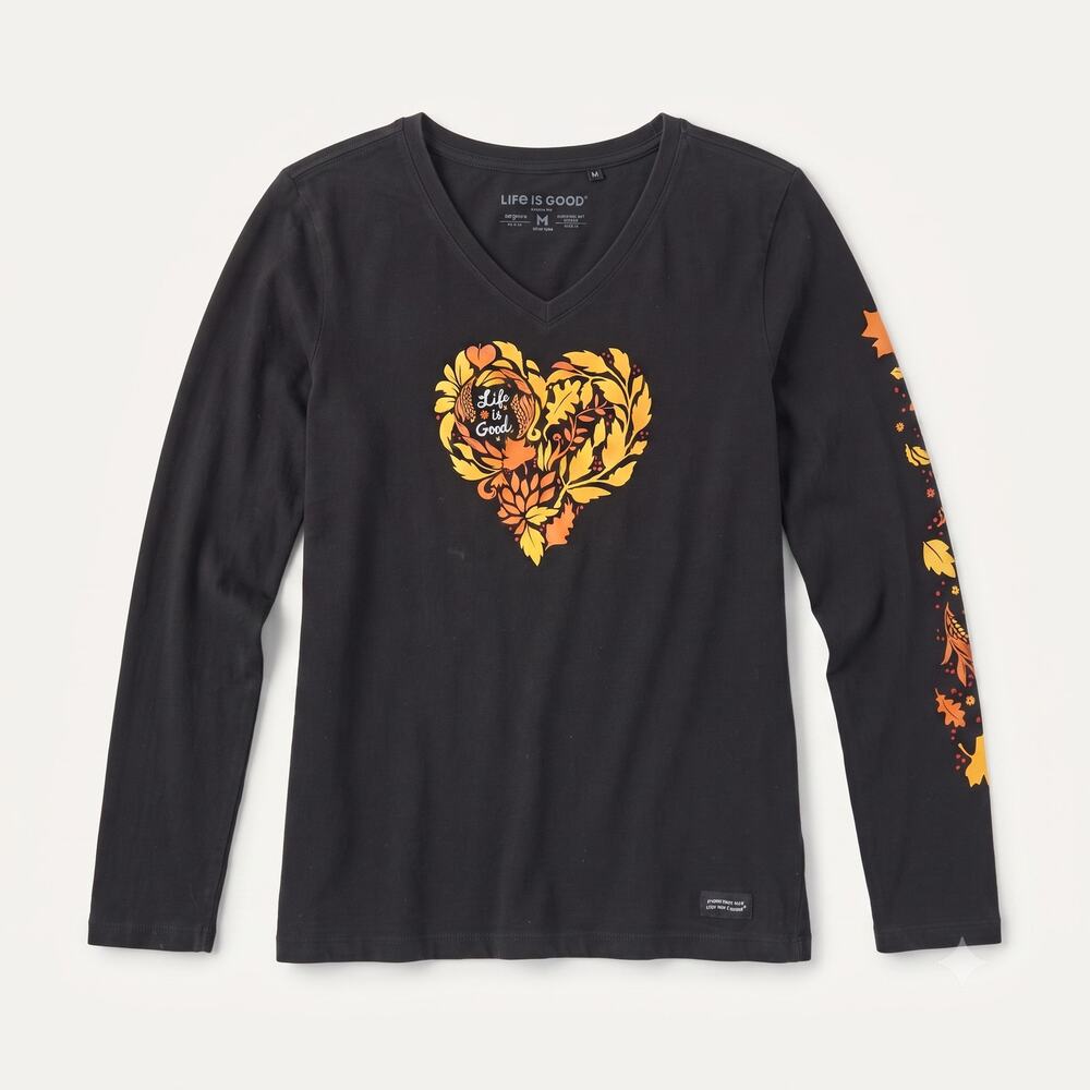 Life is Good Womens M Outdoors Cottagecore Boho Fall Leaf Heart LS Graphic Tee